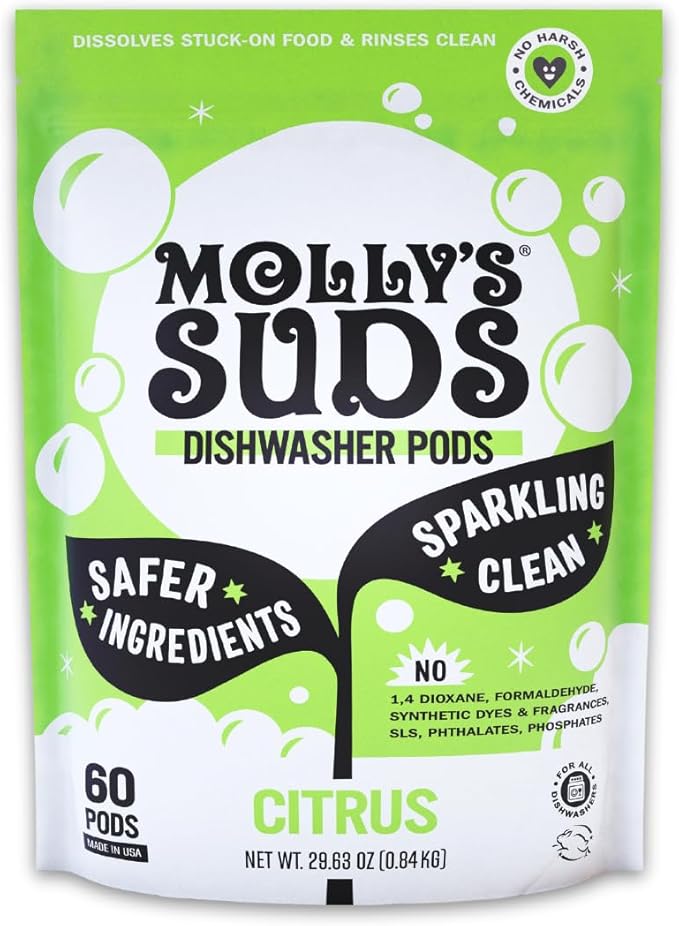 Molly's Suds Dishwasher Pods | Clean Dishwasher Detergent, Cuts Grease & Rinses Clean (Residue-Free) for Sparkling Dishes | 60 Auto-Release Tabs (Citrus)-Ruum Studio Home