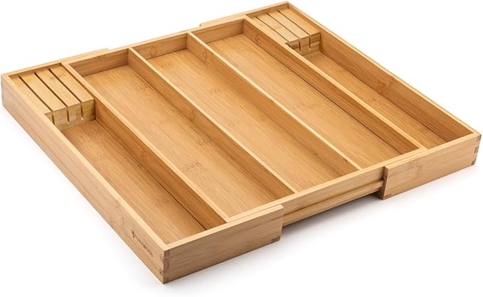 Purawood Kitchen Drawer Organizer with Knife Blocks - Utensil Drawer Organizer for Kitchen, Cutlery Tray & Silverware Organizer, 3-5 Slots - Bamboo Organizer for Utensils & Flatware (Natural)-Ruum Studio Home