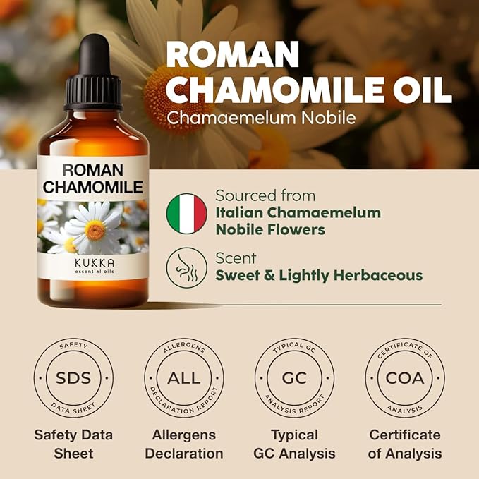 KUKKA Roman Chamomile Essential Oil for Tranquil Retreats and Peaceful Relaxation - Roman Chamomile Essential Oil 4 Oz - Soothing, Comforting and Calming - 100% Authentically Sourced Premium Oils-Ruum Studio Home