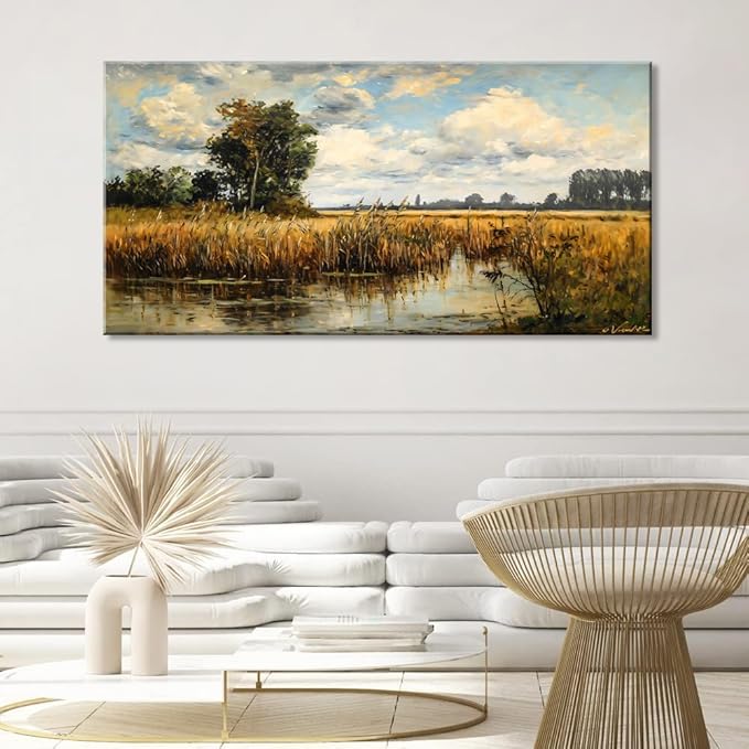 LASMOND Beautiful Wilderness Meadow Canvas Wall Art Oil Painting Reproduction Print Vintage Wildflower Field Scenery Countryside Landscape Tree Rustic Retro Decor Artwork Country Farmhouse Living Room 24x48 Inches-Ruum Studio Home