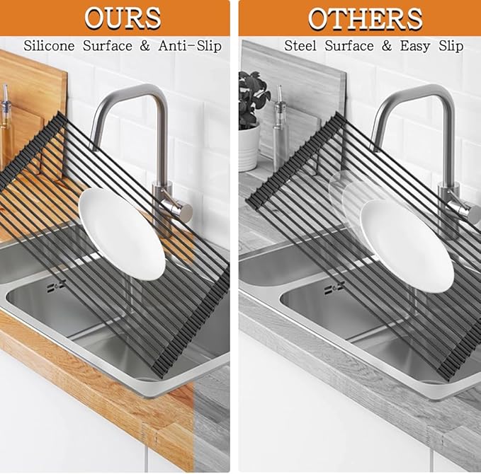 LEMIKKLE 20.5" x 13" Roll Up Dish Drying Rack Silicone Wrapped Over The Sink Dish Drying Rack Foldable Sink Drying Mat, Heat-Resistant & Anti-Rust Dish Rack for Kitchen Sink, Black-Ruum Studio Home