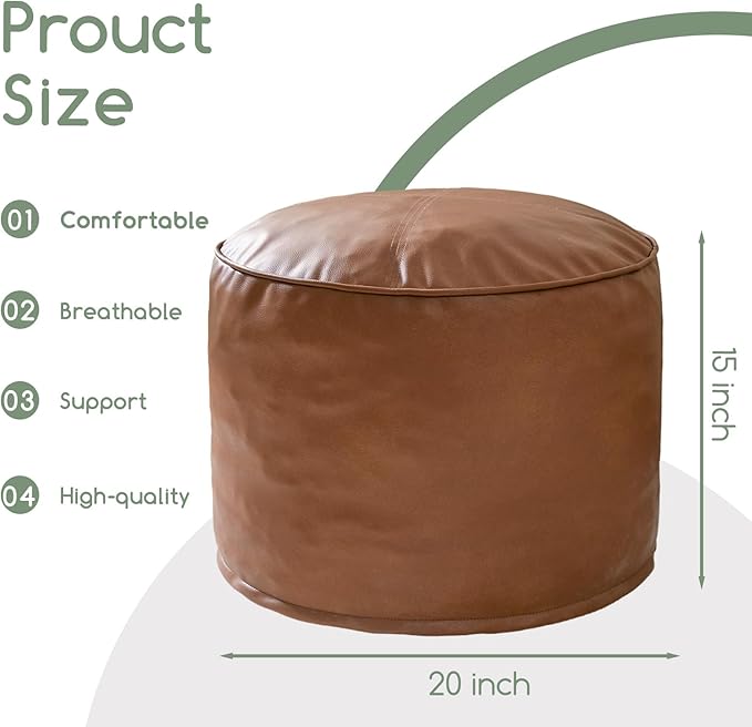 HIGOGOGO Round Stuffed Pouf Ottoman, Pu Leather Poufs with Foam Chunk Filling, Furry and Fluffy Pouf Foot Stool Storage Ottoman, 20 X 15 Floor Poufs Foot Rest for Living Room,Brown-Ruum Studio Home