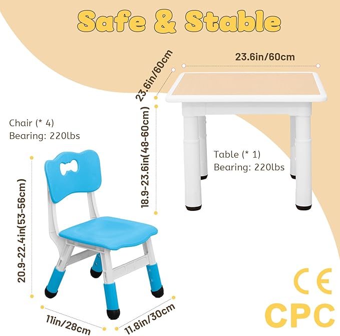FUNLIO Kids Table and 4 Chairs Set for Ages 3-8, Height Adjustable Toddler Table and Chair Set, Easy to Wipe Arts & Crafts Table, for Classrooms/Homes/Daycares, CPC & CE Approved(5 pcs set)-Multicolor-Ruum Studio Home