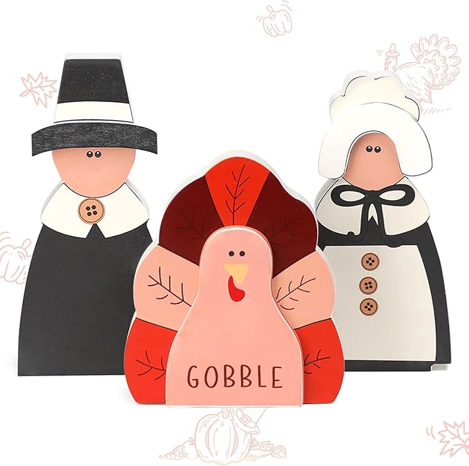 Amorita Fall Thanksgiving Decorations Wooden Turkey Pilgrim Couple Table Sign 3 Pcs Fall Thanksgiving Decor Standing Tabletop Sign Decor for Autumn Harvest - W-Ruum Studio Home