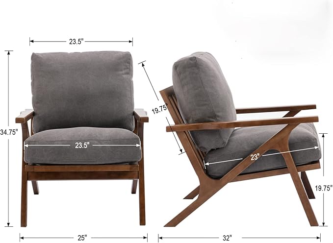 HNY Set of 2 Mid Century Accent Chair, Upholstered Armchair with Wood Frame and Canvas Cushions, Leisure Reading Chair Slipper Chair for Living Room, Bedroom, Gray-Ruum Studio Home