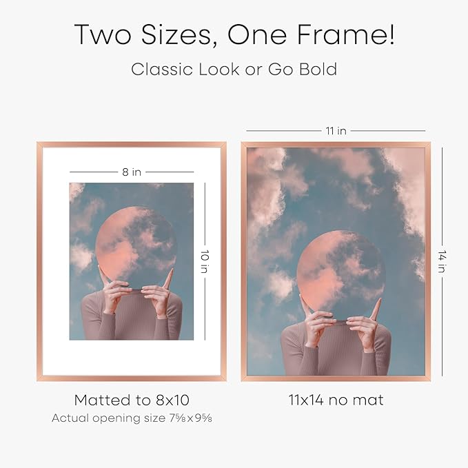 Homeforia 11x14 Picture Frame Rose Gold, High End Metal 11x14 Wall Hanging Frame with Mat 8x10, 11 x 14 Poster Frame Matted to 8 x 10 inch Photo, 11by14 Thin Frames, Tempered Glass, Wall Kit, Set of 1-Ruum Studio Home