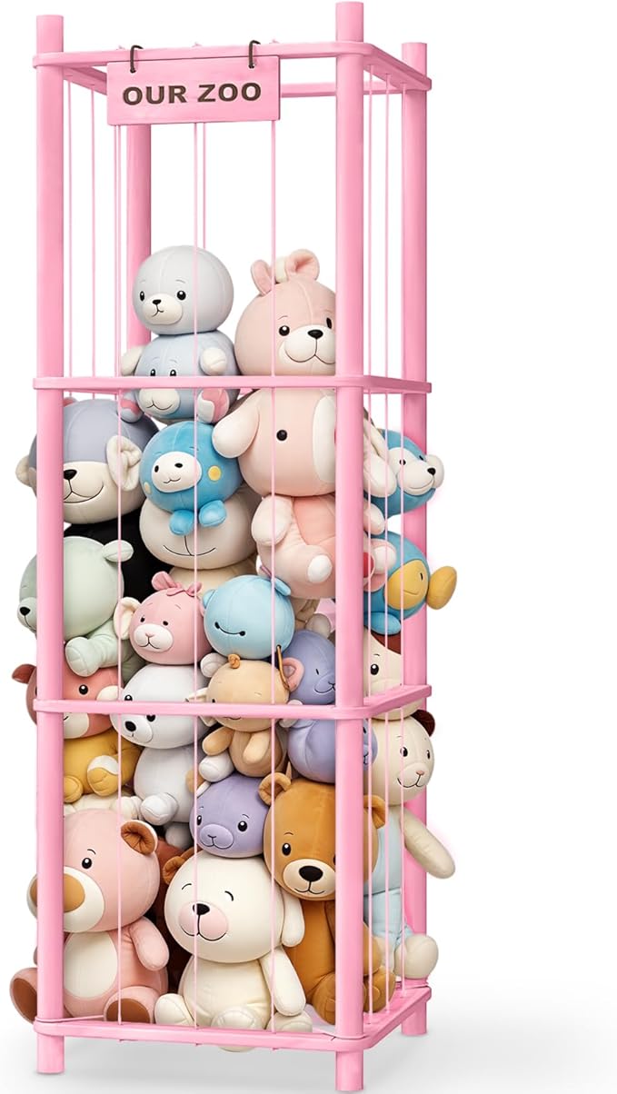 Stuffed Animal Storage & Organizer, Wooden Cute Zoo Toy Holder for Toddler Rooms, Playrooms & Bedrooms（Pink）-Ruum Studio Home