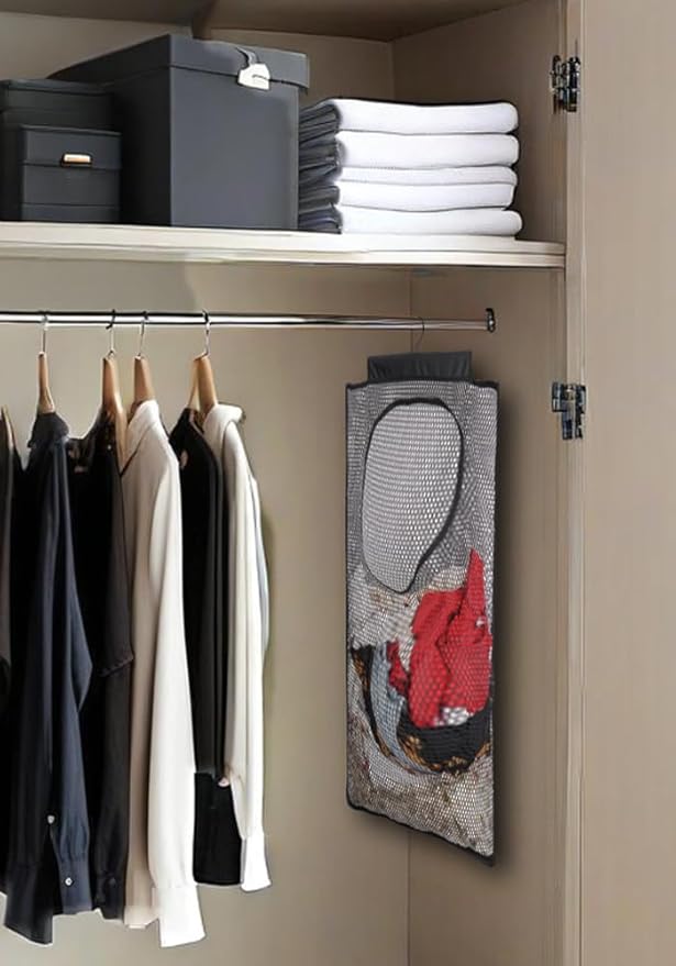 ALYER Breathable Mesh Laundry Hamper,Foldable Hanging Closet Storage Basket,Portable Space Saving Dirty Clothes Bag (Black)-Ruum Studio Home