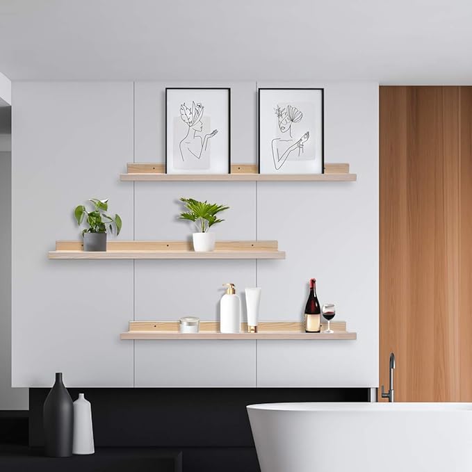 AZSKY 36 Inch Picture Ledge Shelf Solid Wood Large Floating Shelves Wall Mounted Rustic Natural Shelves for Home, Living Room, Bedroom, Bathroom, Office 3 Same Sizes-Ruum Studio Home