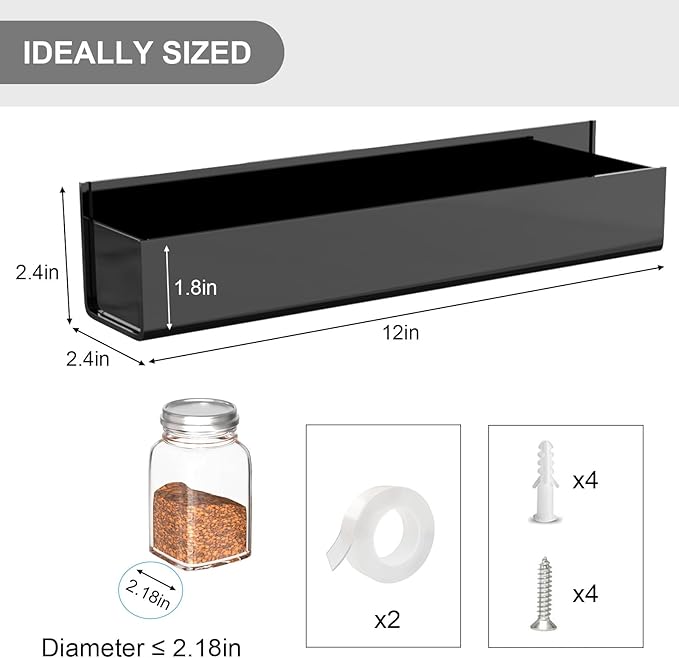 PMMASTO Adhesive Acrylic Spice Rack Organizer for Wall with Nano Double Sided Tape, Spice Shelf Organization for Kitchen Cabinet Door/Pantry Door, Wall Mount Seasoning Rack (Black - 4 Pack)-Ruum Studio Home