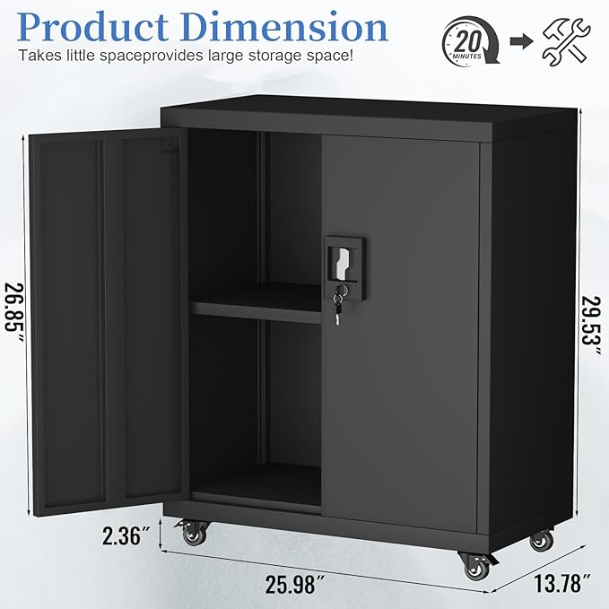Metal Storage Cabinet with Wheels,Lockable Steel Rolling Storage Cabinet with 2 Doors for Garage,Home Office,Assembly Required,Black-Ruum Studio Home