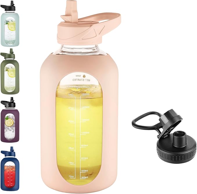 64 oz Glass Water Bottle With Straw and Handle, Half Gallon Sports Motivational Water Jug Flask with Silicone Sleeve, Large Water Cup with Time Marker for Travel, Gym, Beige-Ruum Studio Home
