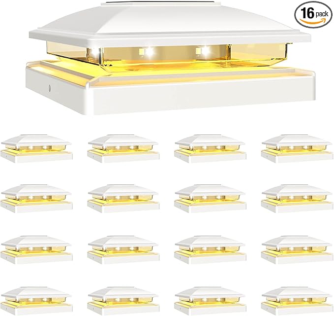 VOLISUN Solar Post Cap Light Outdoor Waterproof 16pack,Solar Fence - Post Lights for 4x4 5x5 6x6 Wooden/Vinyl Post,White Deck Cap Light Solar Powered with Warm White for Garden/Patio/Porch-Ruum Studio Home