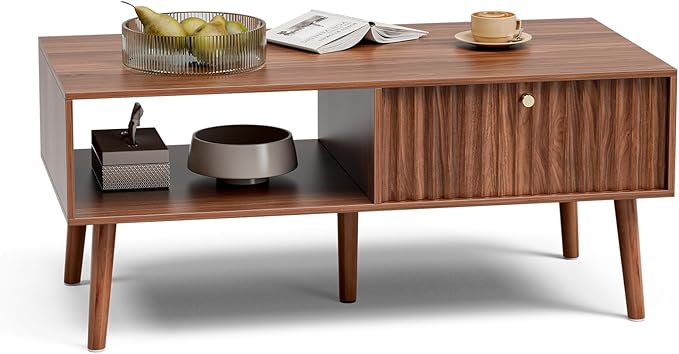 Coffee Table with Storage, Mid Century Dining Table with Fluted Drawer and Solid Wood Legs, Small Coffee Tables for Living Room, Walnut-Ruum Studio Home