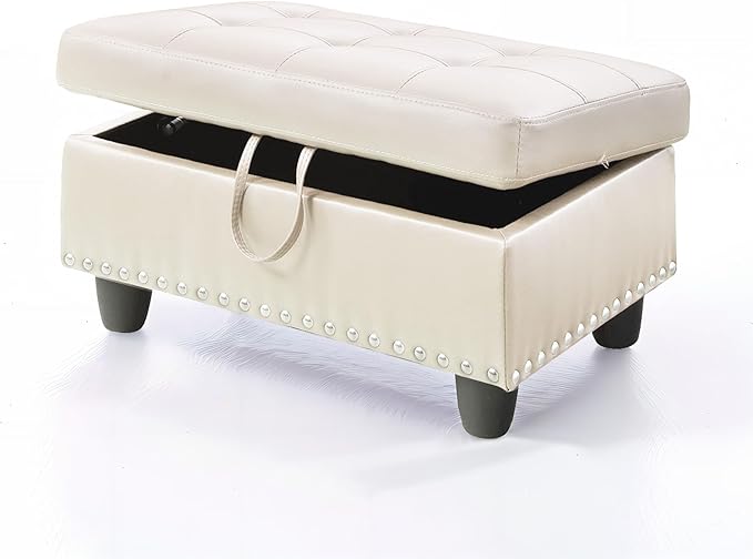 Ottoman Rectangular Storage Ottoman Bench, Faux Leather Footrest, Coffee Table, Stool Footstool with Hinged Lid for Living Room, Bedroom, Entryway, White, 28.5"x19"x17.5"-Ruum Studio Home