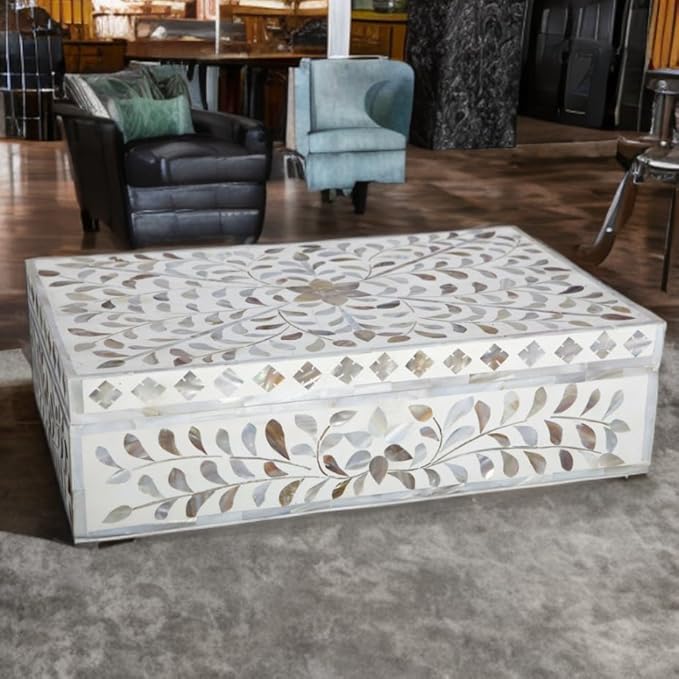 Decorative Storage Box Of Mother Of Pearl Inlay Floral Design Wooden Storage Box For Home Decoration For Living Dining & Bedroom (White_12x8x5 inch)-Ruum Studio Home