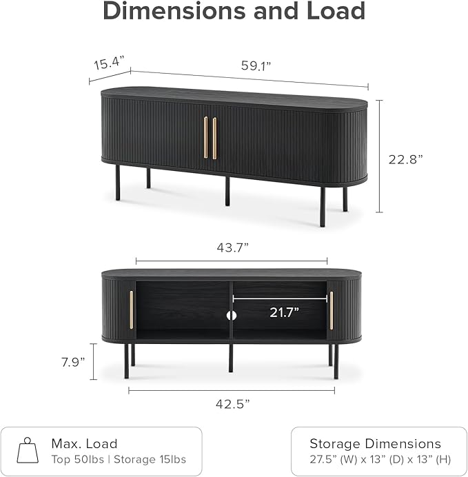 mopio Quin TV Stand, Mid Century Modern for 55/60/65 inch TV, Farmhouse TV Stand, Entertainment Center with Storage, TV and Media Console for Living Room (Black, 59" Tambour)-Ruum Studio Home