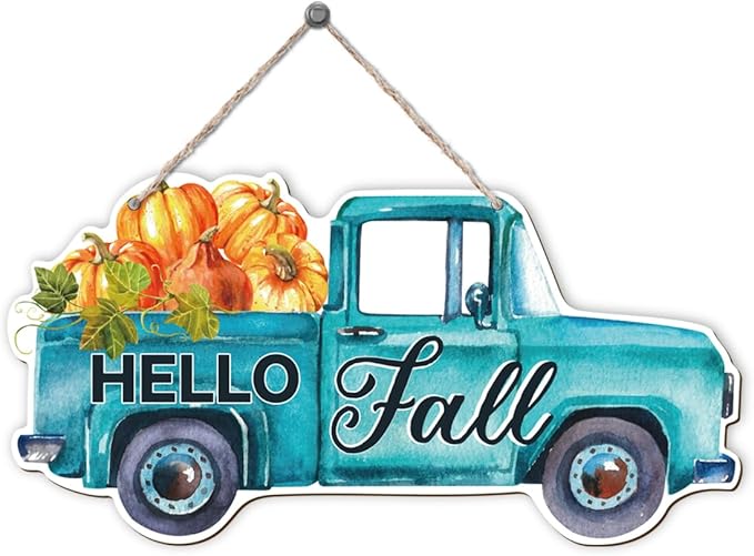Fall Door Hanger - Pumpkin Welcome Sign, Hello Fall Wood Hanging Decors, Rustic Thanksgiving Decorative for Porch, Indoor Outdoor Autumn Door Decor(Truck), Housewarming Gift, Home Indoor Outdoor Deco-Ruum Studio Home