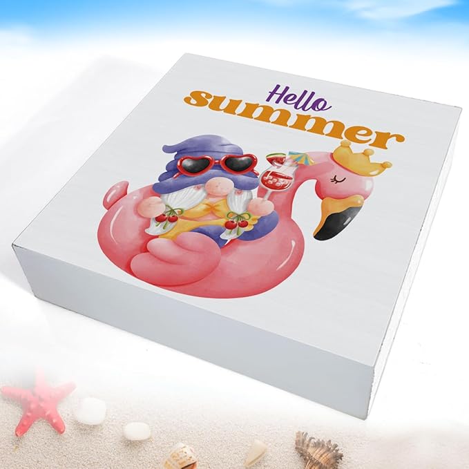 Hello Summer Decor Flamingo Decorations Summer Gnome Wooden Sign Rustic Home Decor 5 x 5 Inches-Ruum Studio Home