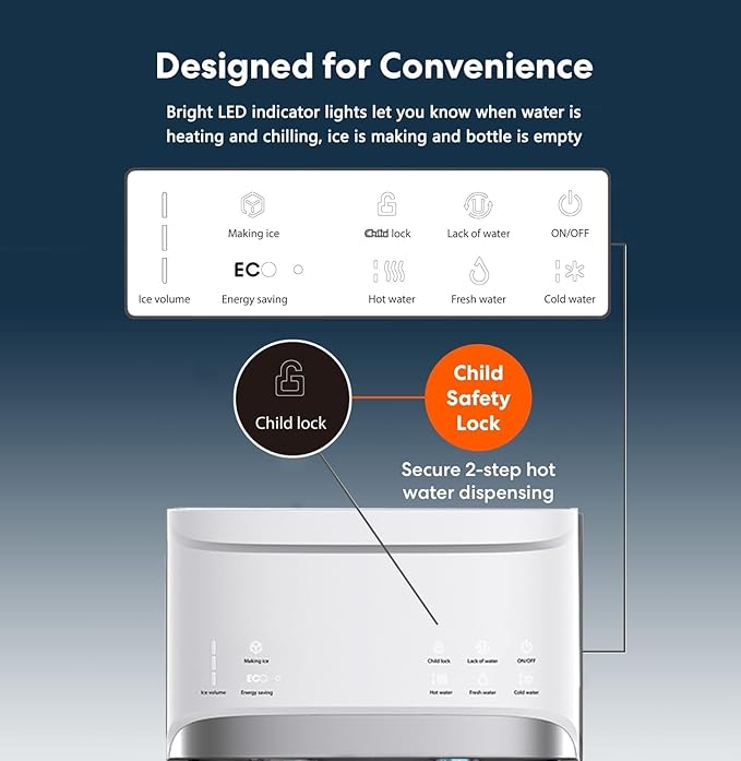 Self-Cleaning Bottom Load Water Cooler Dispenser with Ice Maker for 5 Gallon 3 Temperature Settings 22lbs Daily Capacity White-Ruum Studio Home