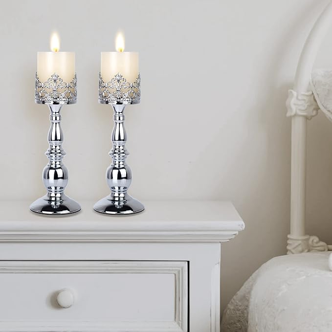 Candle Holders for Pillar Candles Gothic Matte Black Vintage Tall Candle Holders Set of 2 Decorative Large Table Centerpieces Candle Stand Decor (Silver 2PCS A)-Ruum Studio Home