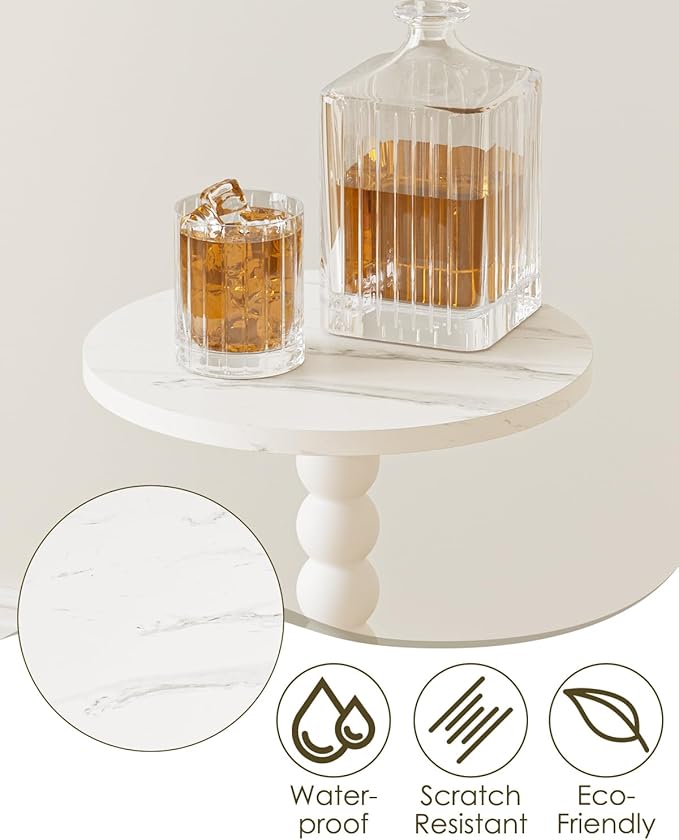 Masupu Round Side Table, Small Drink Table for Small Spaces, Pedestal End Table with Solid Wood Leg for Living Room, Bedroom, Corners(Marble White)-Ruum Studio Home