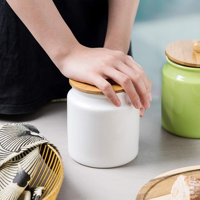 Sweejar Ceramic Kitchen Canisters, 28 FLOZ Porcelain Food Storage Jar with Airtight Seal Wooden Lid, Home Container Serving for Coffee Beans, Tea-leave, Sugar, Salt and More, Tool Bucket (White)-Ruum Studio Home