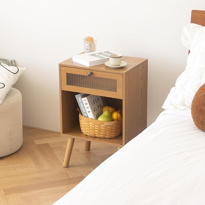 AWASEN Mid Century Nightstand, Bedside Table with Glass Storage Drawer and Large Open Shelf, Modern Night Stand Side End Table with Solid Legs for Bedroom, and Small Space, Brown-Ruum Studio Home
