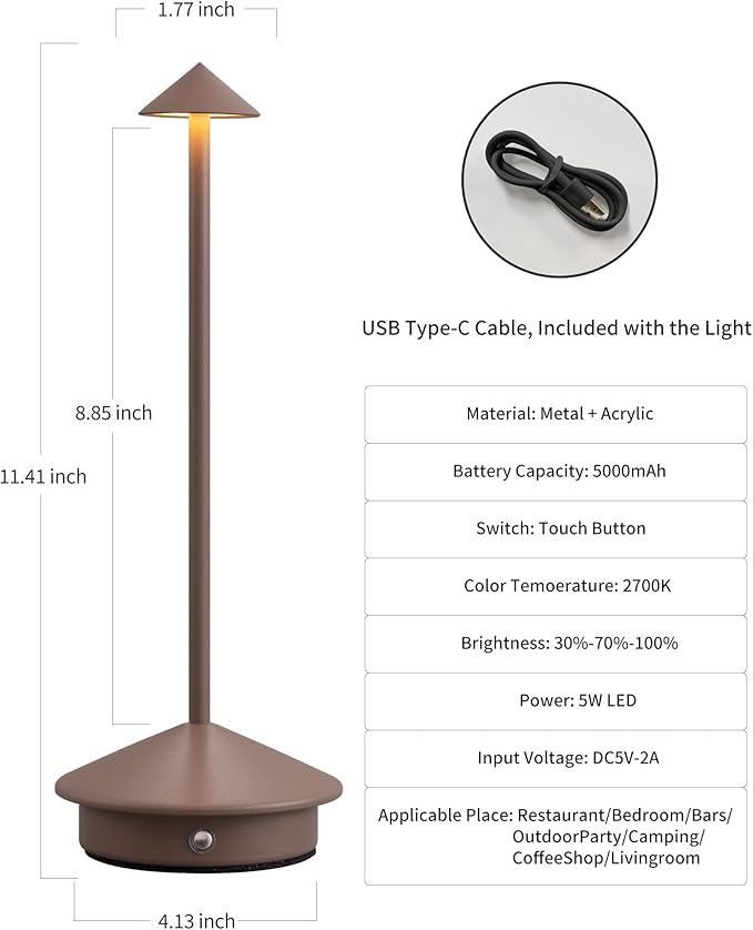 Modern Cordless Table Lamp Set of 2, Portable LED Desk Lamps, 5000mAh Rechargeable Battery Operated Lighting for Bedroom Dining Room Restaurant Coffee Shop Camping Night Light (Brown)-Ruum Studio Home