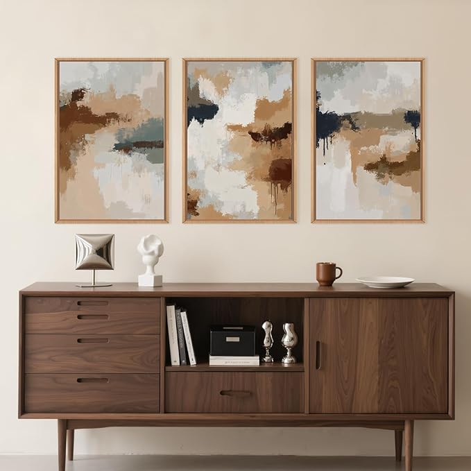 LHIUEM Large Abstract Brown Grey Framed Canvas Wall Art,Neutral Brush Stroke Pastel Wall Decor,Modern Color Block Wall Painting,Minimalist Artwork for Living Room,Bedroom,Dining Room,Office -16"x24"x3-Ruum Studio Home