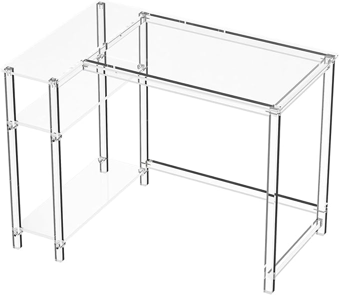 Eglaf Acrylic L-Shaped Desk - Clear Desk with Reversible Storage Shelves - Modern Home Office Desk Corner Desk for Study, Writing, Rectangular Legs, Easy Assembly, 39.4" L x 27''W x 29.5" H-Ruum Studio Home