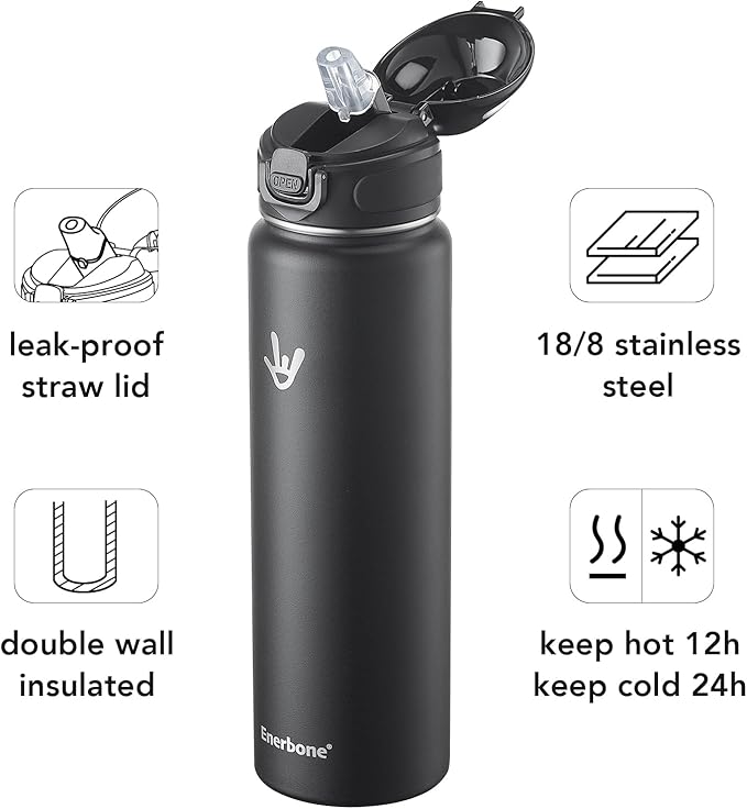 Enerbone 32 oz Insulated Water Bottle, Stainless Steel Bottle with Carrying Strap, Double-Wall Vacuum Insulation Design, Leakproof Sports Bottle with Straw, Keep Drinks Cold or Hot for Hours-Ruum Studio Home