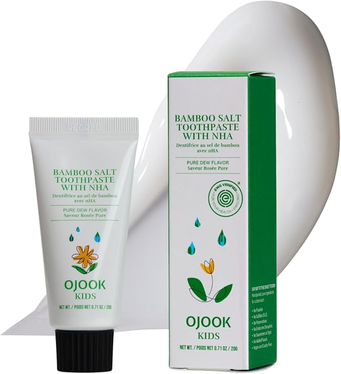 Kids Fluoride Free Bamboo Salt Toothpaste with nHA - Pure Dew | Nano Hydroxyapatite, Remineralizing, Strengthening Enamel for First Teeth, Safe to Swallow (0.7oz)-Ruum Studio Home