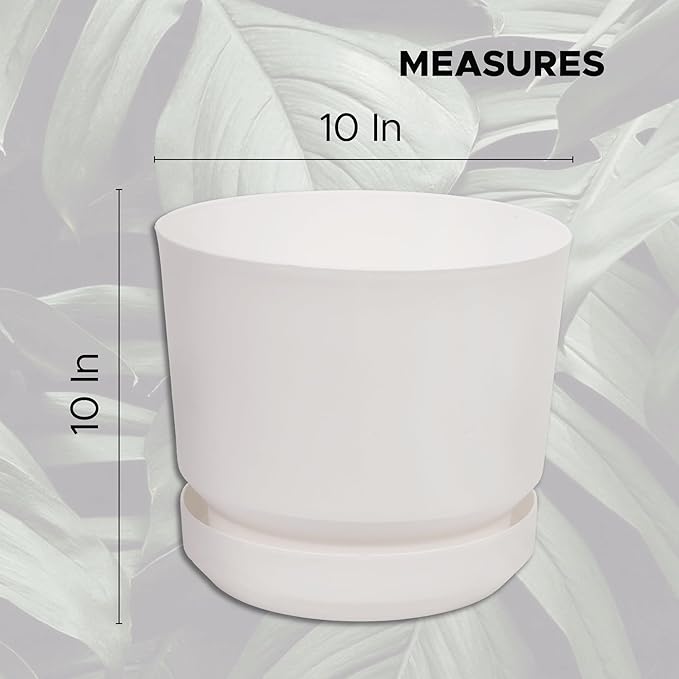 Elly Décor 10 inch Plastic Cylinder Planter Pot with Self-Watering Saucer and Drainage Hole,Lightweight & Extremely Durable, 10"x 10", White-Ruum Studio Home
