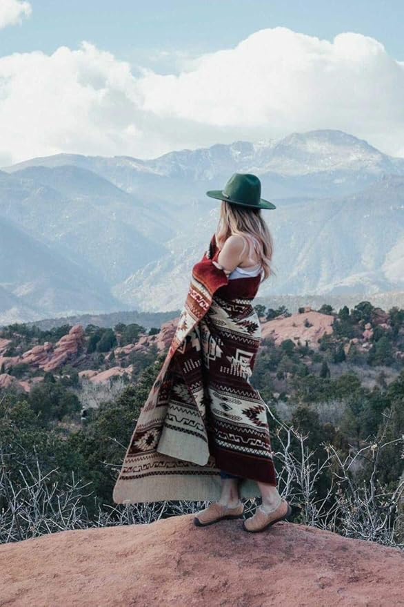 Inca Aztec Throw, Queen, King Blanket | Southwest Indian Navajo Boho Style | Native Cover for Camping, Bedding, Couch, Vanlife | Faux Alpaca, Lightweight, Hypoallergenic (Vinincunca Maroon, Queen)-Ruum Studio Home