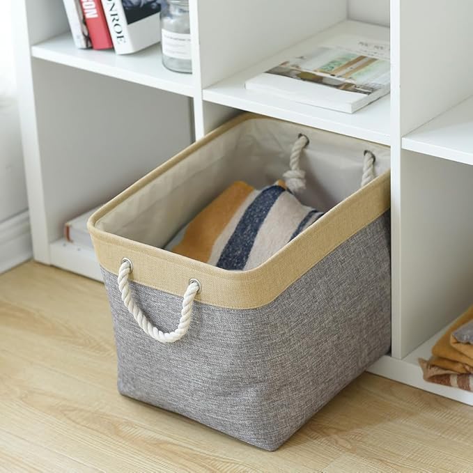 TheWarmHome Storage Basket for Organizing - Fabric Large Cubes 3 Pack 16x12x12 inch Baskets, Cube Storage Bin for Shelves Organizer Closet Cloth Gift Toy (Gold & Grey)-Ruum Studio Home