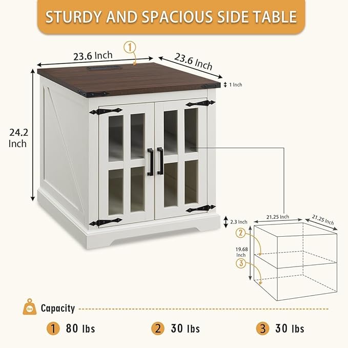 Farmhouse End Table with Charging Station,24" Large Sofa Side Table with Glass Barn Door, Rustic Wood Nightstand Bedside Table with Adjustable Storage Shelf for Living Room, Bedroom,White-Ruum Studio Home