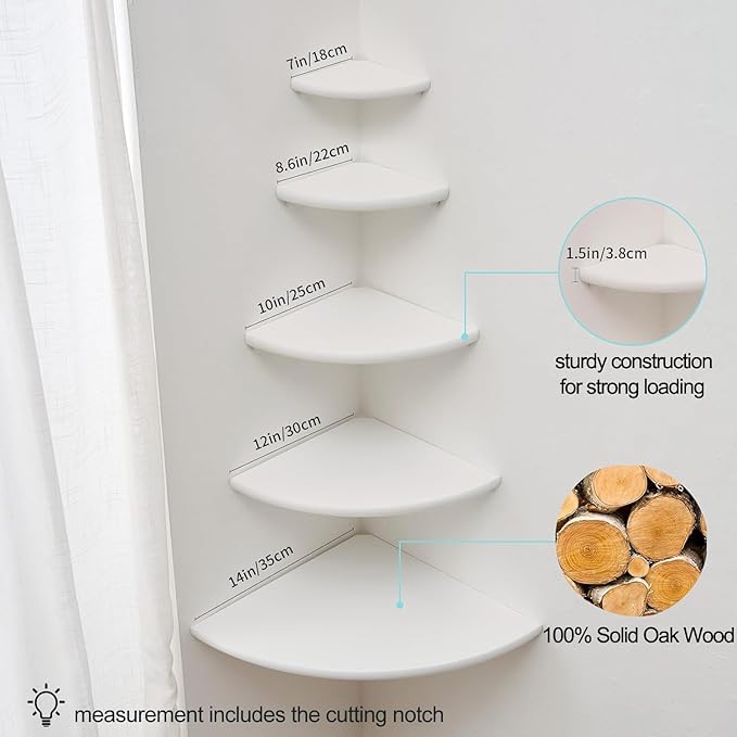 Corner Shelf, Solid Oak Wood Floating Corner Shelf Wall Mount Round End Floating Speaker Shelves with Wire Hole for Small Plant Photo Frame for Bedroom Kitchen, Living Room (White, 7.1in)-Ruum Studio Home
