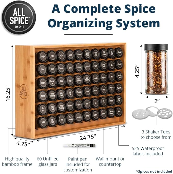 AllSpice Spice Rack Organizer, Wood, 525 Unique Labels, Countertop or Wall Mount, Includes 60 4oz Jars- Bamboo-Ruum Studio Home