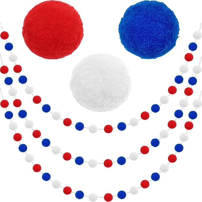 Jishi Pom Pom Garland 4th of July Decorations, Patriotic Red White Blue Felt Ball Garland, 3-Pack 6.6ft Long 24 Cute Pompom Balls String, Christmas Tree Decor Ornaments for Home Birthday Holiday Party-Ruum Studio Home