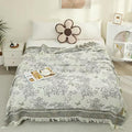 Boho Muslin Blanket for Adults 4-Layer Gauze Twin Size Soft Cozy 100% Cotton Summer Cooling Blanket Floral Decor for Sofa Bed Coverlet Both Sides (Tassels Floral Grey, 80 x 90 in)-Ruum Studio Home
