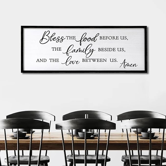 Bless the Food Before Us, the Family Beside Us, and the Love between us Framed Wall Art for Christian God Jesus Christ Prayer, 40''×15'' Positive Holy Religious Rustic Bible Verse for Dining Room-Ruum Studio Home