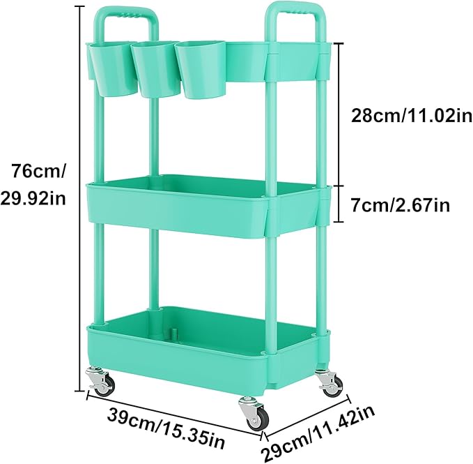 UDEAR 3-Tier Rolling Utility Cart,Multifunctional Storage Shelves with Handle and Lockable Wheels for Room,Office,Kitchen,Bathroom,with 3 Hanging Cups,Green-Ruum Studio Home