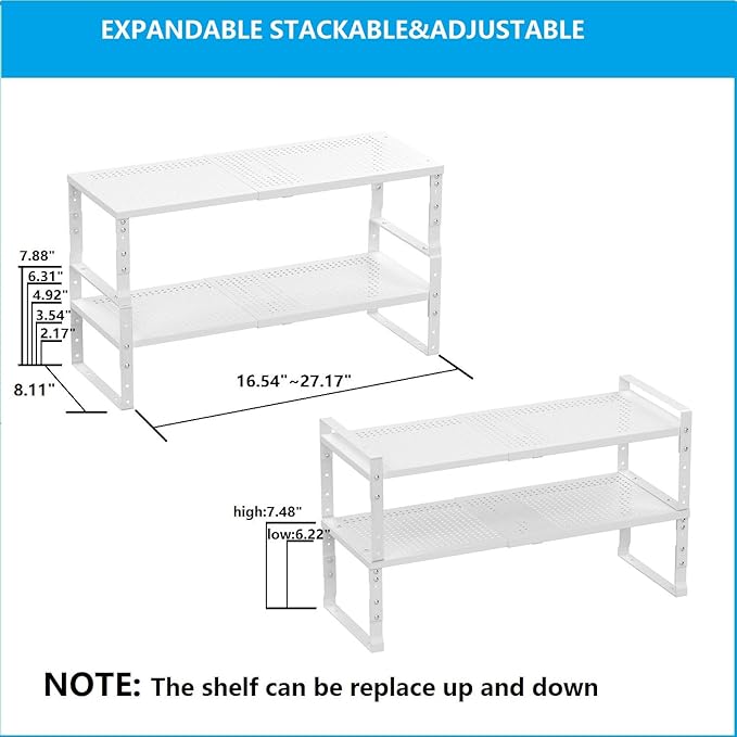 Expandable,Adjustable & Stackable Spice Rack, Cabinet Kitchen Countertop Shelf Organizer,Metal Pantry Storage Shelves - Space-Saving Storage Solution(2Packs/White/Medium)-Ruum Studio Home