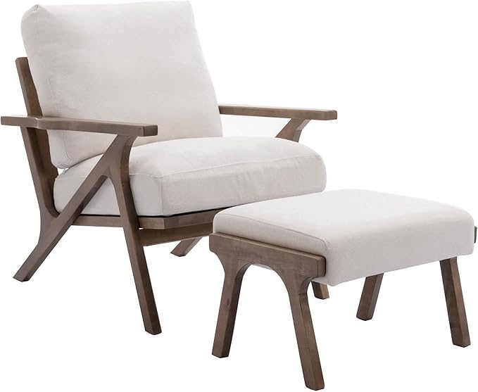 Wahson Set of 2 Mid Century Arm Chairs and Ottomans, Upholstered Accent Armchair with Wood Frame and Linen Cushions, Leisure Slipper Chair for Living Room/Bedroom, Cream-Ruum Studio Home