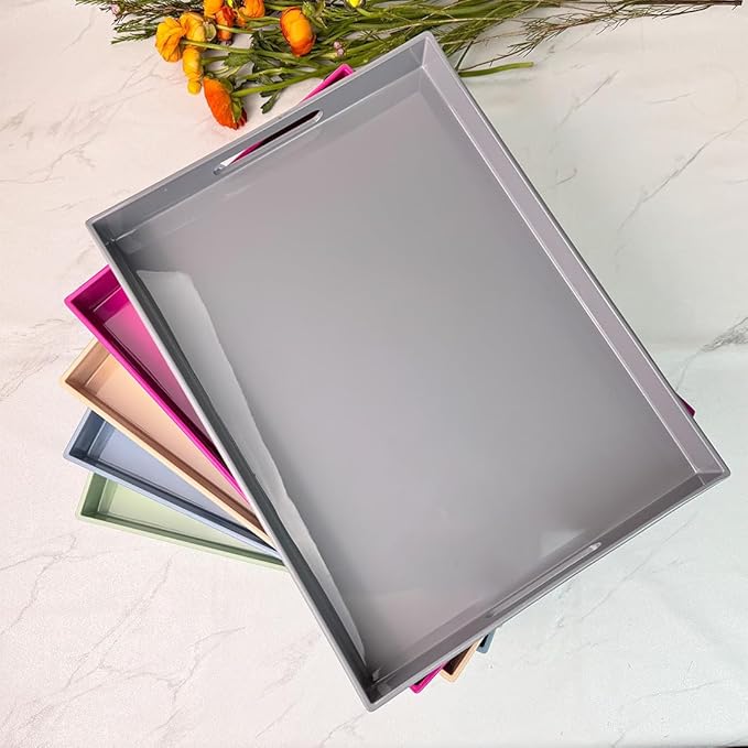 Grey Decorative Tray, Rectangular Large Serving Tray with Handles, Plastic Coffee Table Tray for Ottoman, Living Room, Kitchen Tabletop, 15.7” x 11.8” x1.6”-Ruum Studio Home