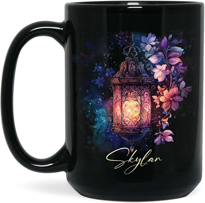 Custom Vintage Lantern With Flowers Coffee Mug, Personalized Name Ceramic Cup 11oz Or 15oz, Glowing Light And Flowers Mug, Customized Enchanted Nature Black Cup, Gift For Friends-Ruum Studio Home