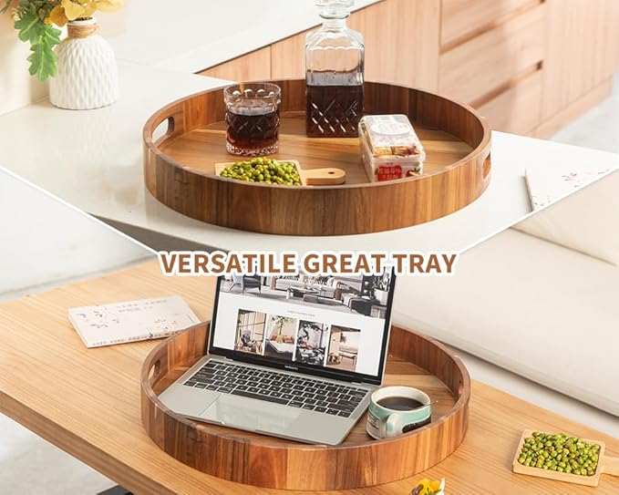Extra Large Round Ottoman Coffee Table Tray, 22" Big Kitchen Serving Trays for Huge Ottoman Counter Giant Decorative Organizer, Huge Wood Serveware Tray with Built-in Handle for Big Job-Ruum Studio Home