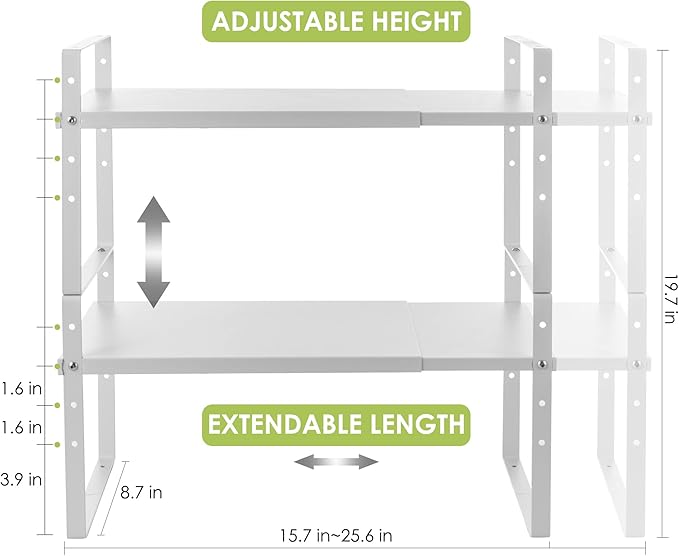 Expandable Cabinet Shelf Organizer Rack, Stackable Kitchen Counter Storage Shelves Stand, Adjustable Height Pantry Shelf Spice Rack (White, 2 Pack)-Ruum Studio Home