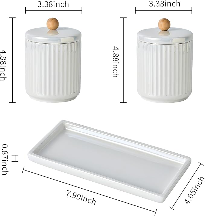 Ceramic Bathroom Canister Set with Coordinating Small Vanity Tray Qtip Holder Dispenser for Cotton Ball,Swab,Pads, Floss, Bathroom Storage Jars with Lids Pearl White-Ruum Studio Home
